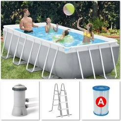 Intex 26788 Swimming Pool Set Frame Prism Quadra 400x200x100cm Pumpe Leiter Grau